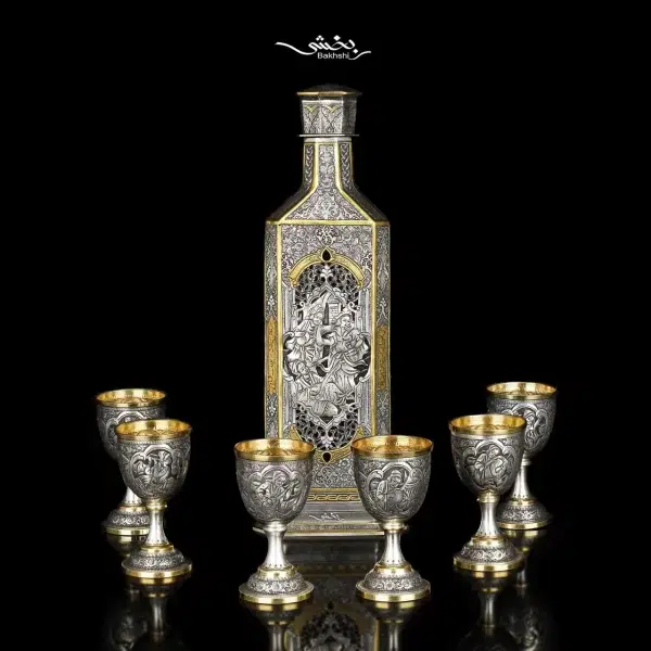 ست شربت خوری و جام نقره مینیاتور ریزقلم اعلا مطلا