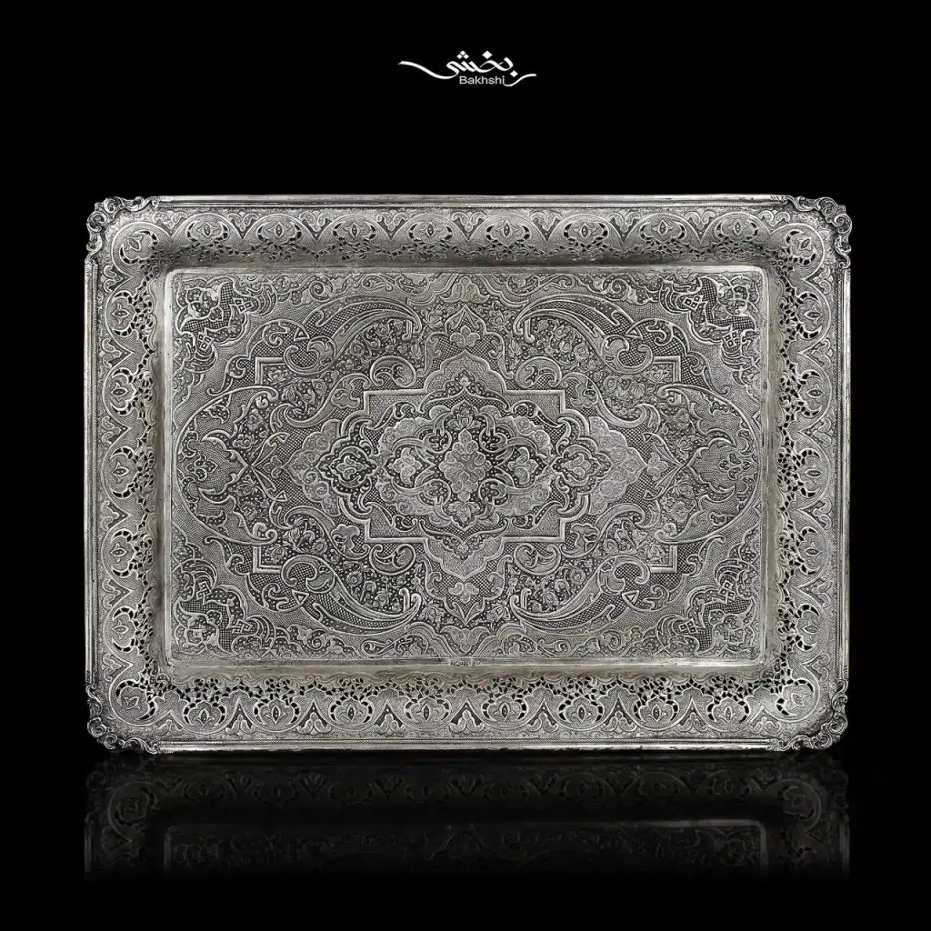 سینی نقره مستطیل پایه گلوله ای مشبک و ریزقلم اعلا
