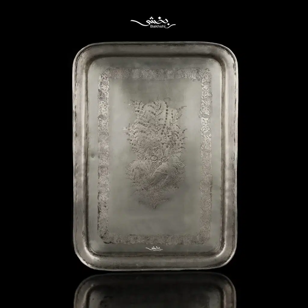 سینی مستطیل نقره گل و مرغ آنتیک