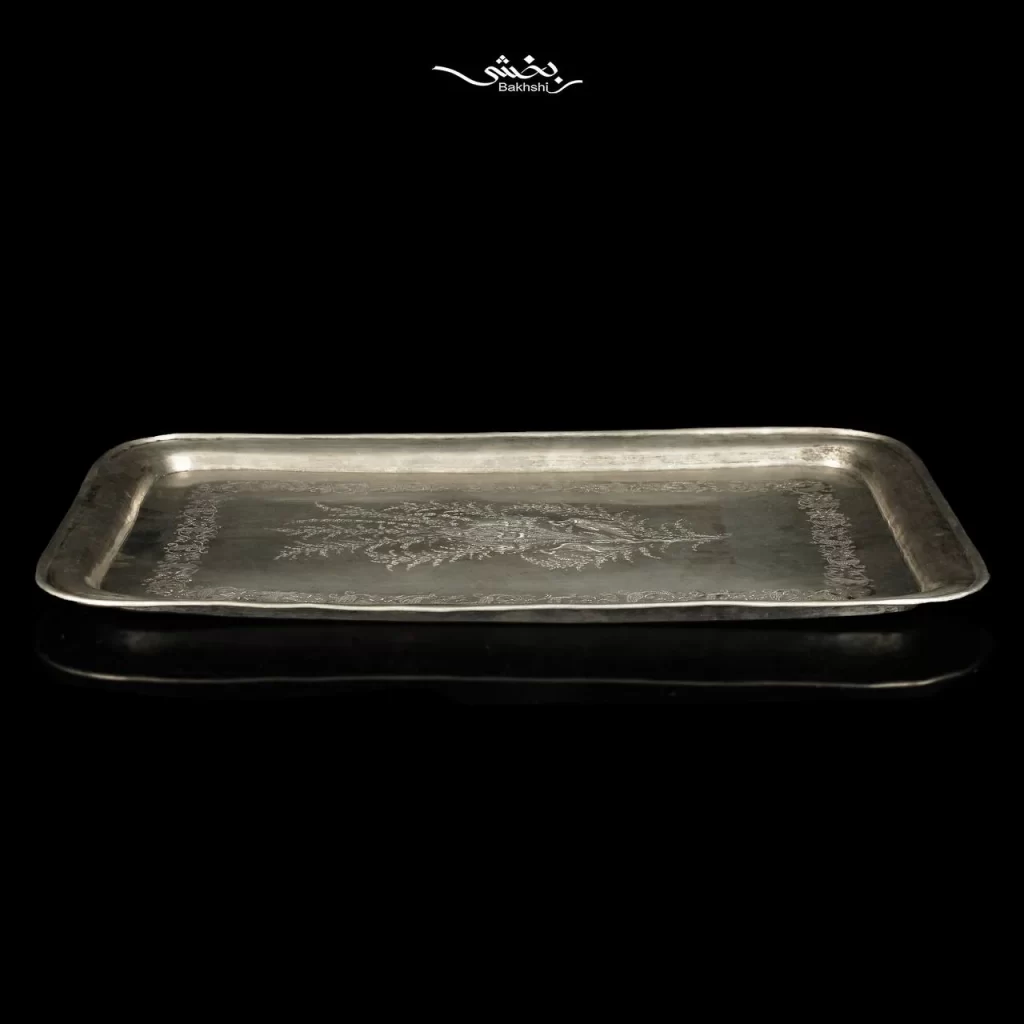 سینی مستطیل نقره گل و مرغ آنتیک