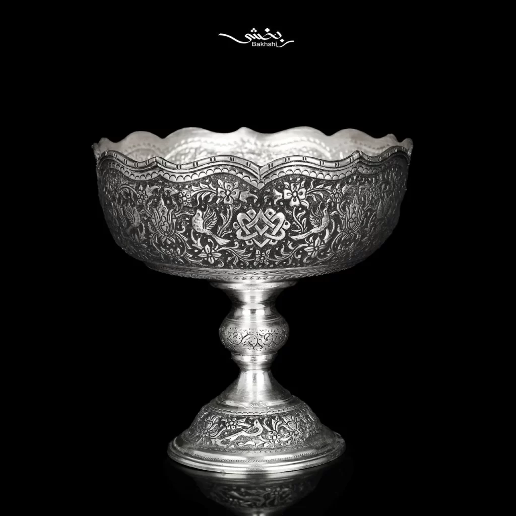 کاسه نقره پایه دار گل و مرغ درجه یک