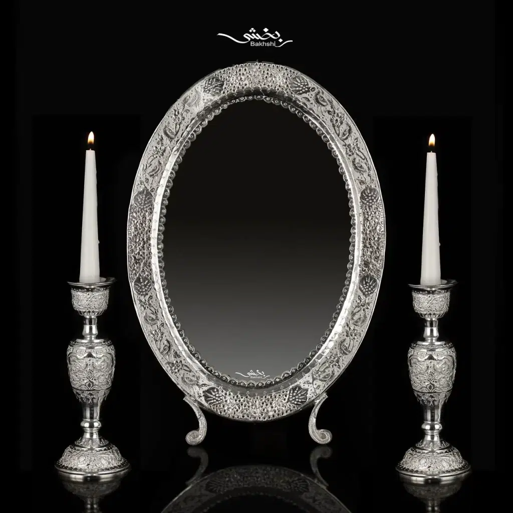 ست آینه و شمعدان نقره گل و مرغ