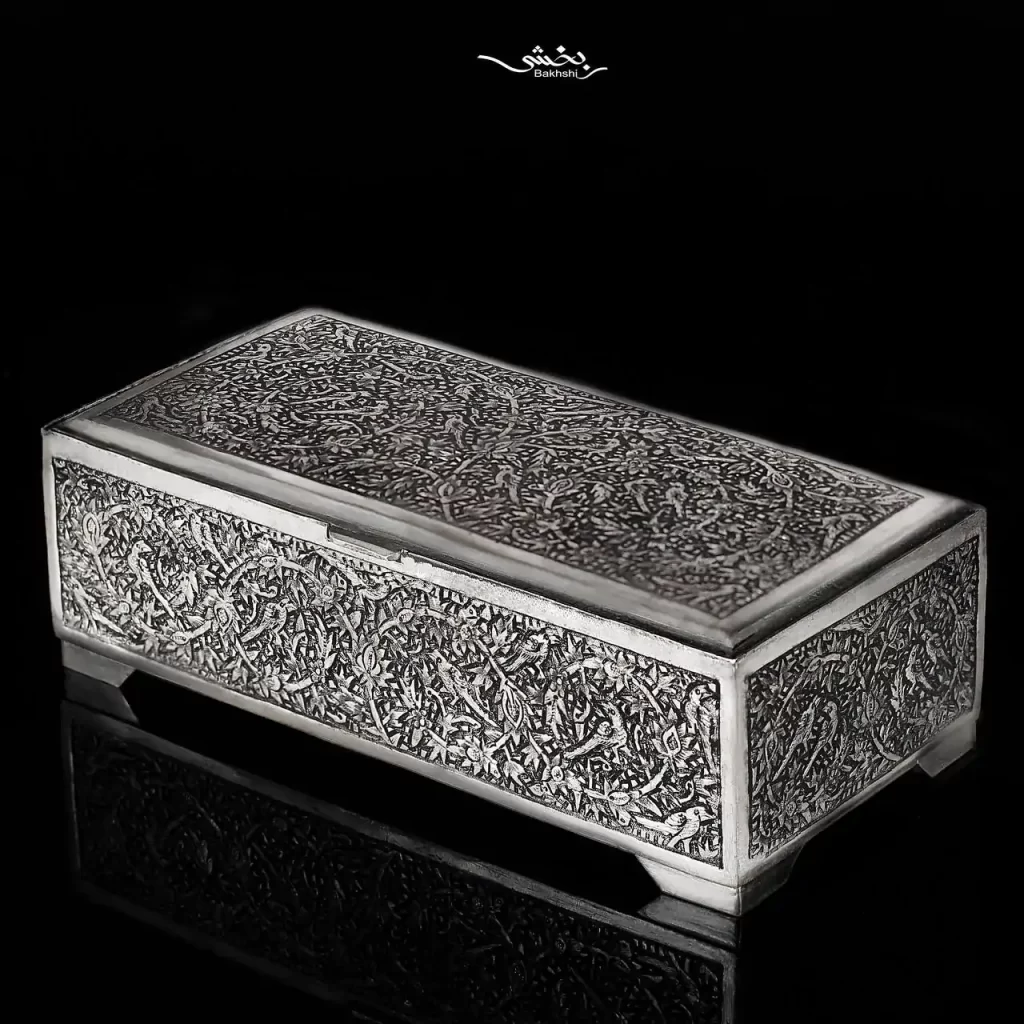 جعبه نقره مستطیل گل و مرغ درجه یک