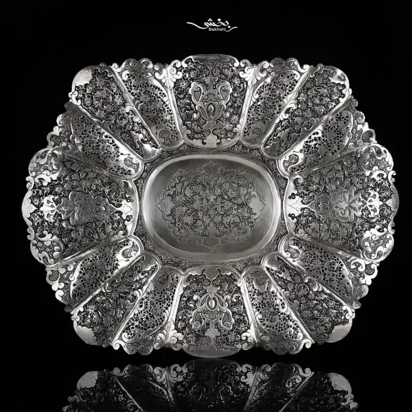 شیرینی خوری نقره پایه کوتاه گل و مرغ