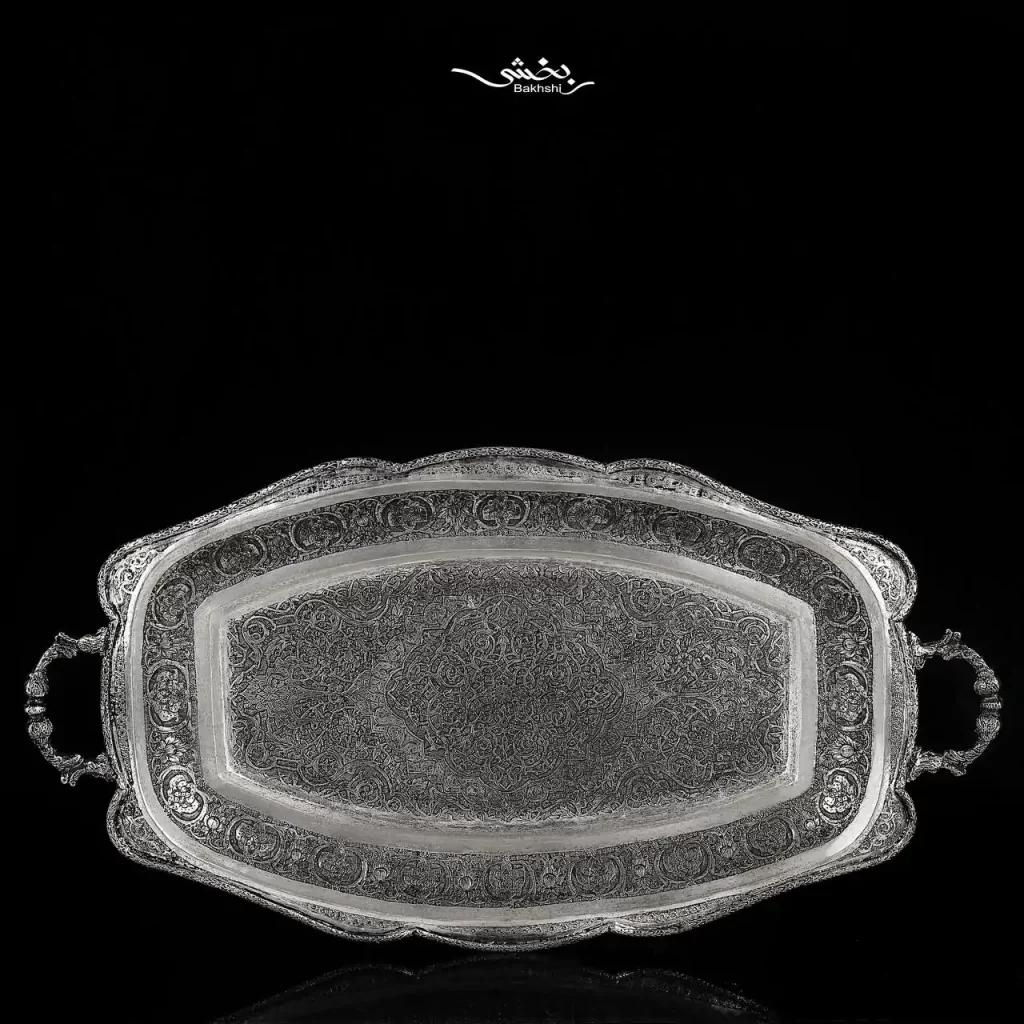 سینی نقره بیضی دسته دار قلم ترنج