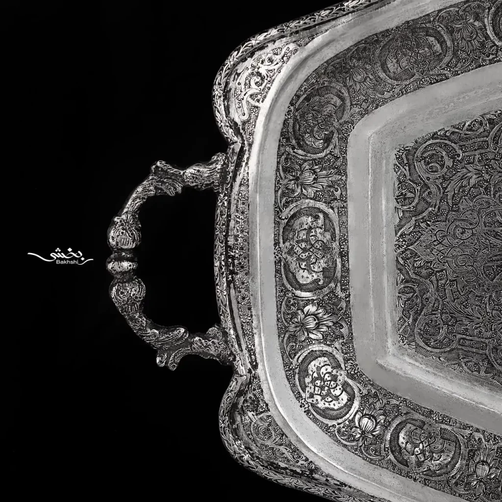 سینی نقره بیضی دسته دار قلم ترنج