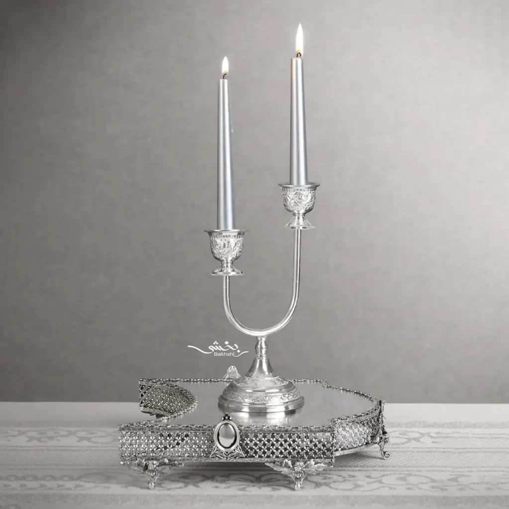 شمعدان نقره دوشاخه گل و مرغ