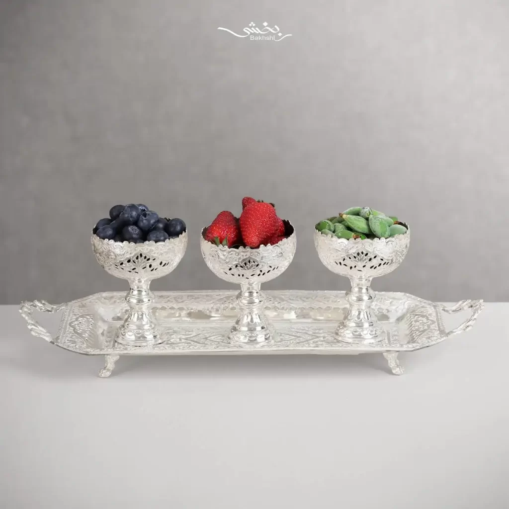 کاسه نقره شش عددی پایه دار گل و مرغ