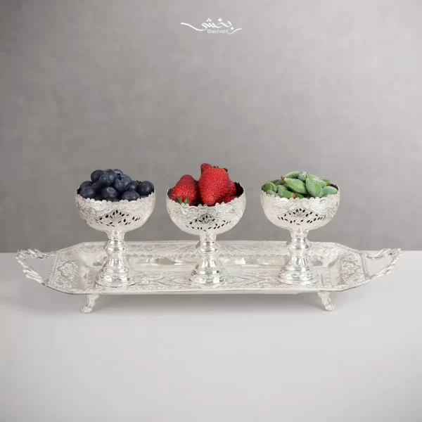 کاسه نقره شش عددی پایه دار گل و مرغ