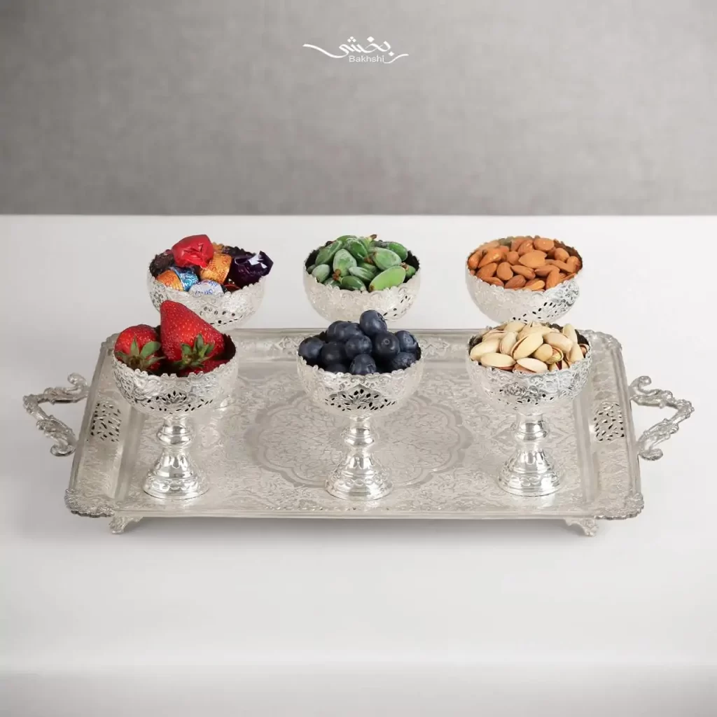 سینی نقره مستطیل دسته دار گل و مرغ