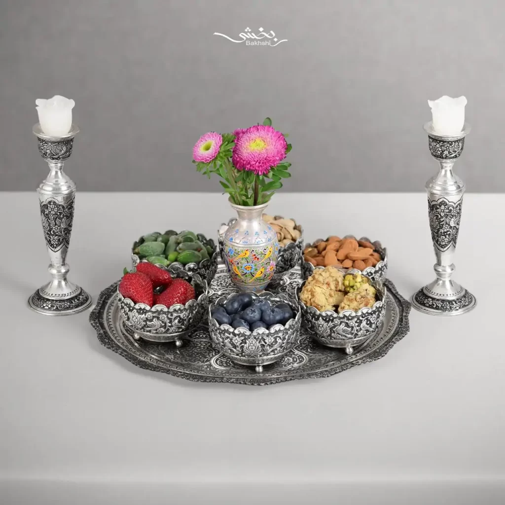 سینی نقره گرد قلم گل و مرغ