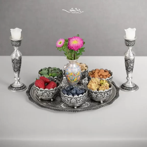 سینی نقره گرد قلم گل و مرغ