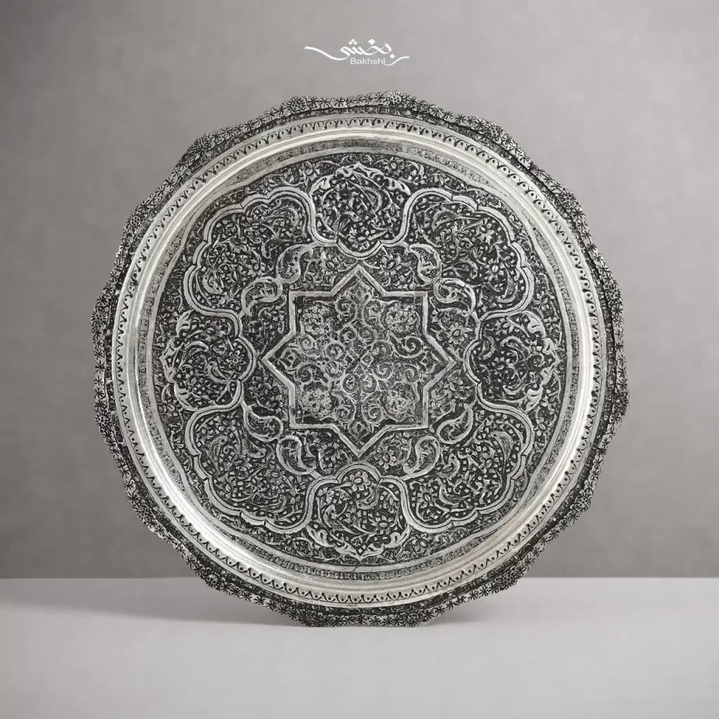 سینی نقره گرد قلم گل و مرغ