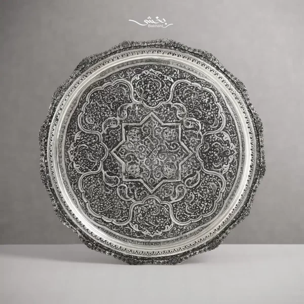 سینی نقره گرد قلم گل و مرغ