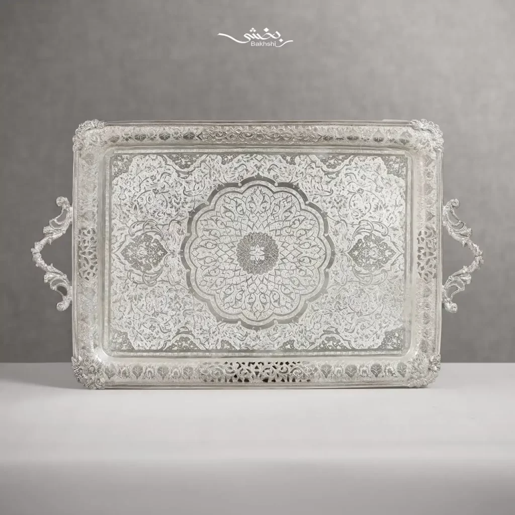 سینی نقره مستطیل دسته دار گل و مرغ