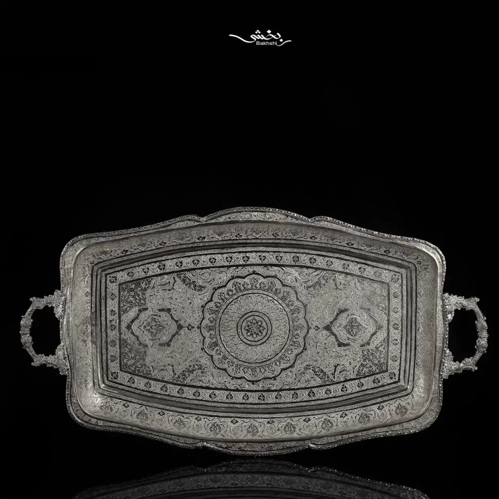 سینی نقره مستطیل دسته دار گل و مرغ