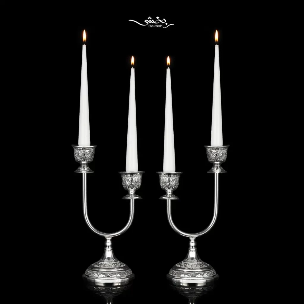 شمعدان نقره دوشاخه گل و مرغ