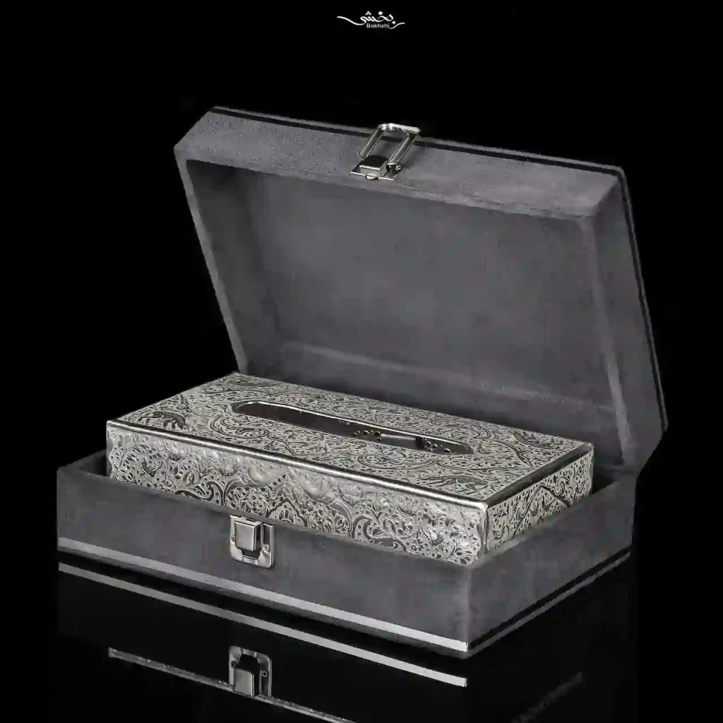 جعبه دستمال کاغذی نقره قلم گل و مرغ