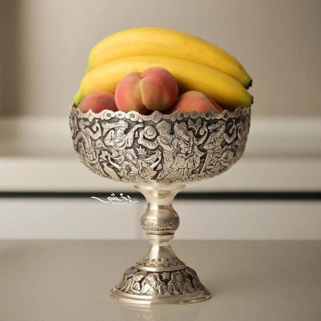 کاسه نقره گرد پایه دار قلم مینیاتور