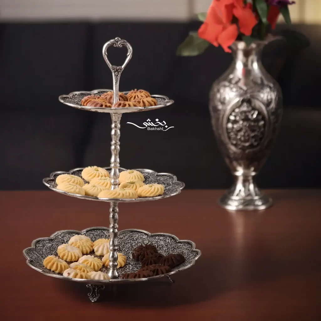 شیرینی خوری نقره سه طبقه گل و مرغ درجه یک