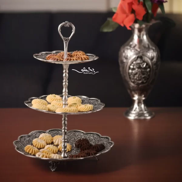 شیرینی خوری نقره سه طبقه گل و مرغ درجه یک