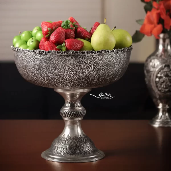 کاسه نقره پایه دار ریزقلم گل و مرغ اعلا