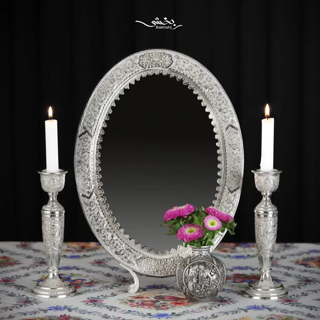 ست آینه بیضی و شمعدان نقره قلم گل و مرغ