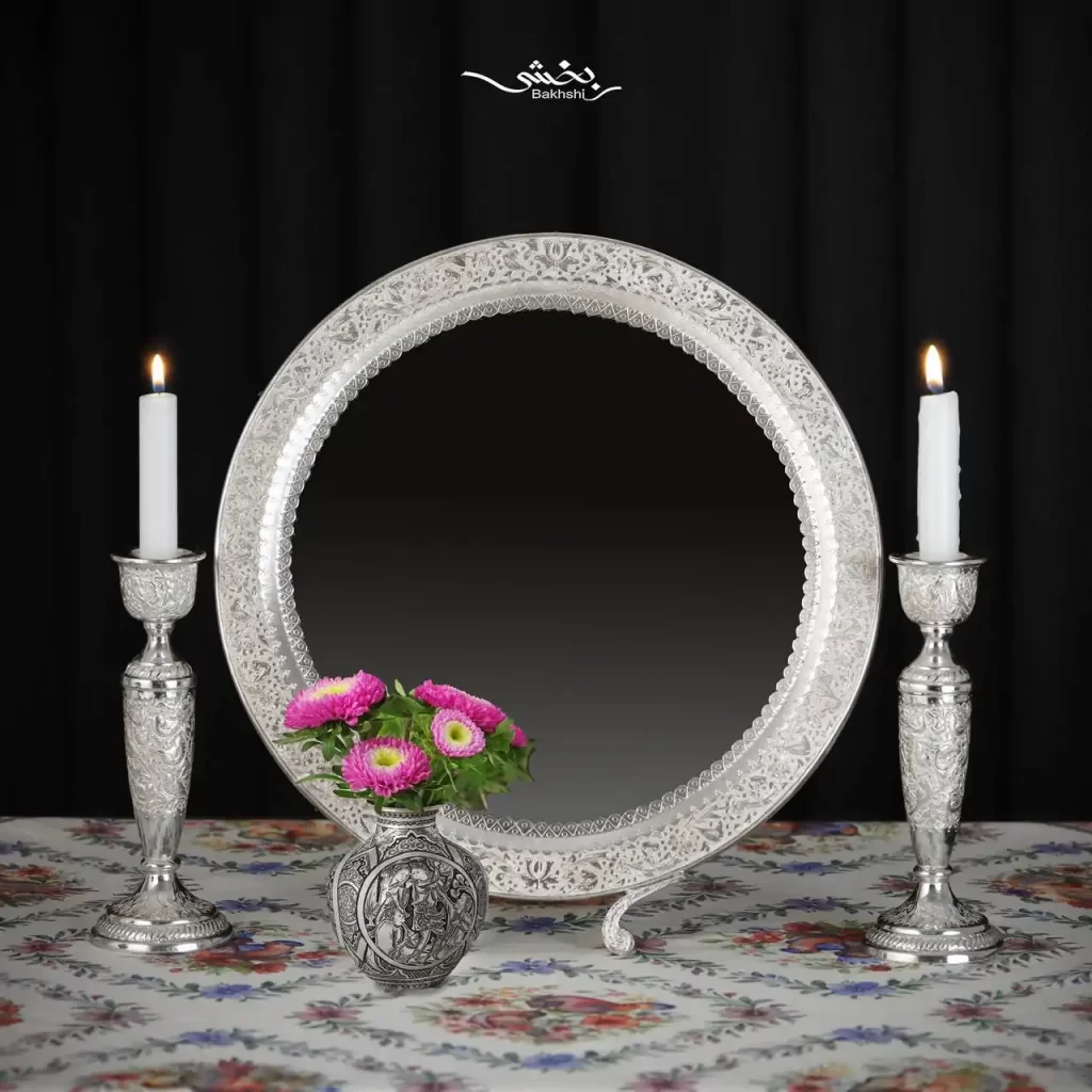 ست آینه گرد و شمعدان تک شاخه نقره گل و مرغ