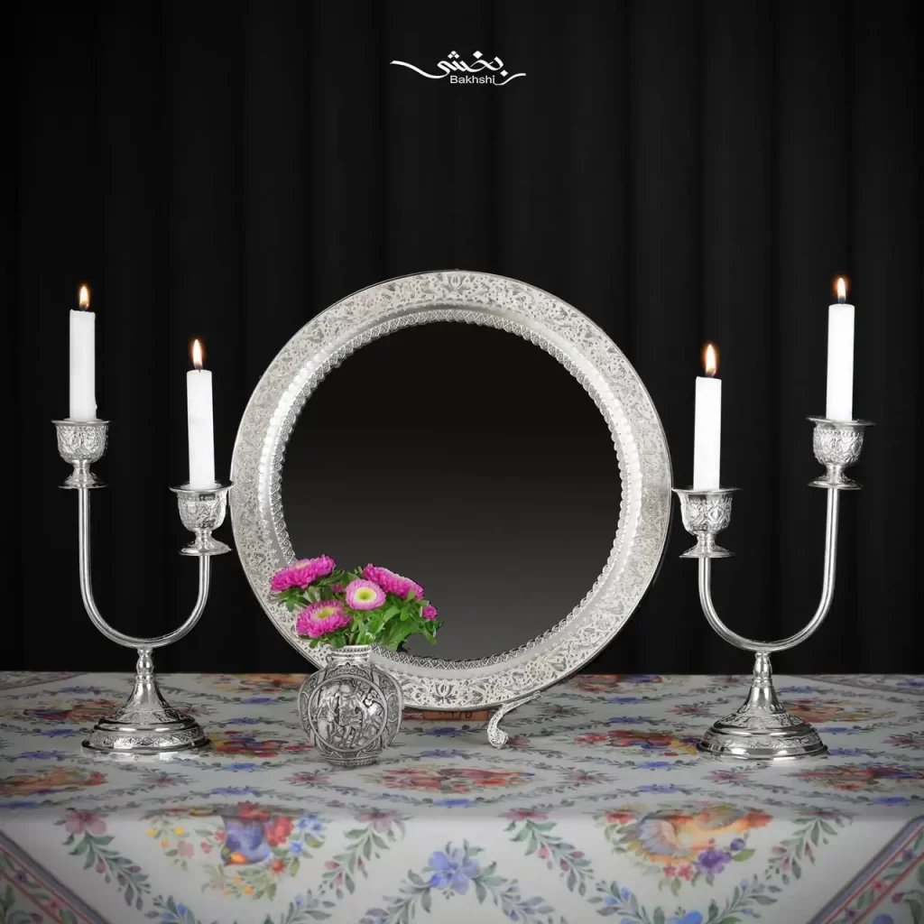 ست آینه گرد و شمعدان نقره قلم گل و مرغ