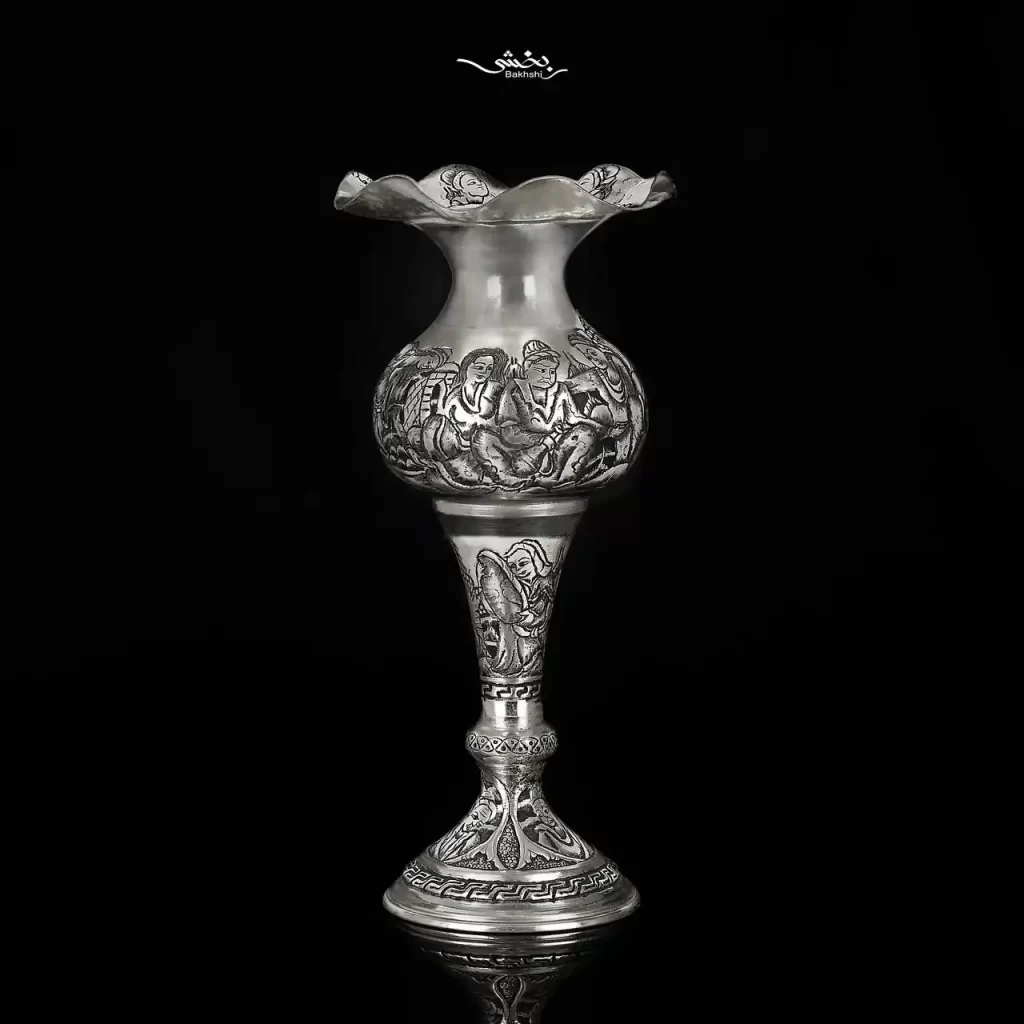 گلدان نقره شکمدار قلم مینیاتور