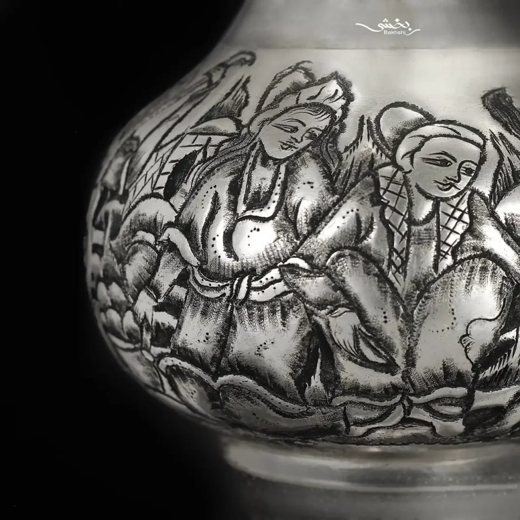 گلدان نقره شکمدار قلم مینیاتور