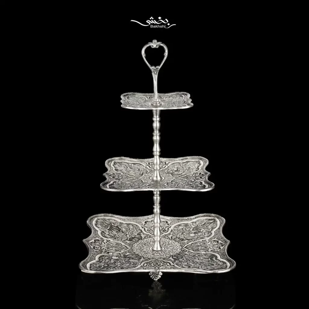 شیرینی خوری نقره سه طبقه ریزقلم مینیاتور اعلا