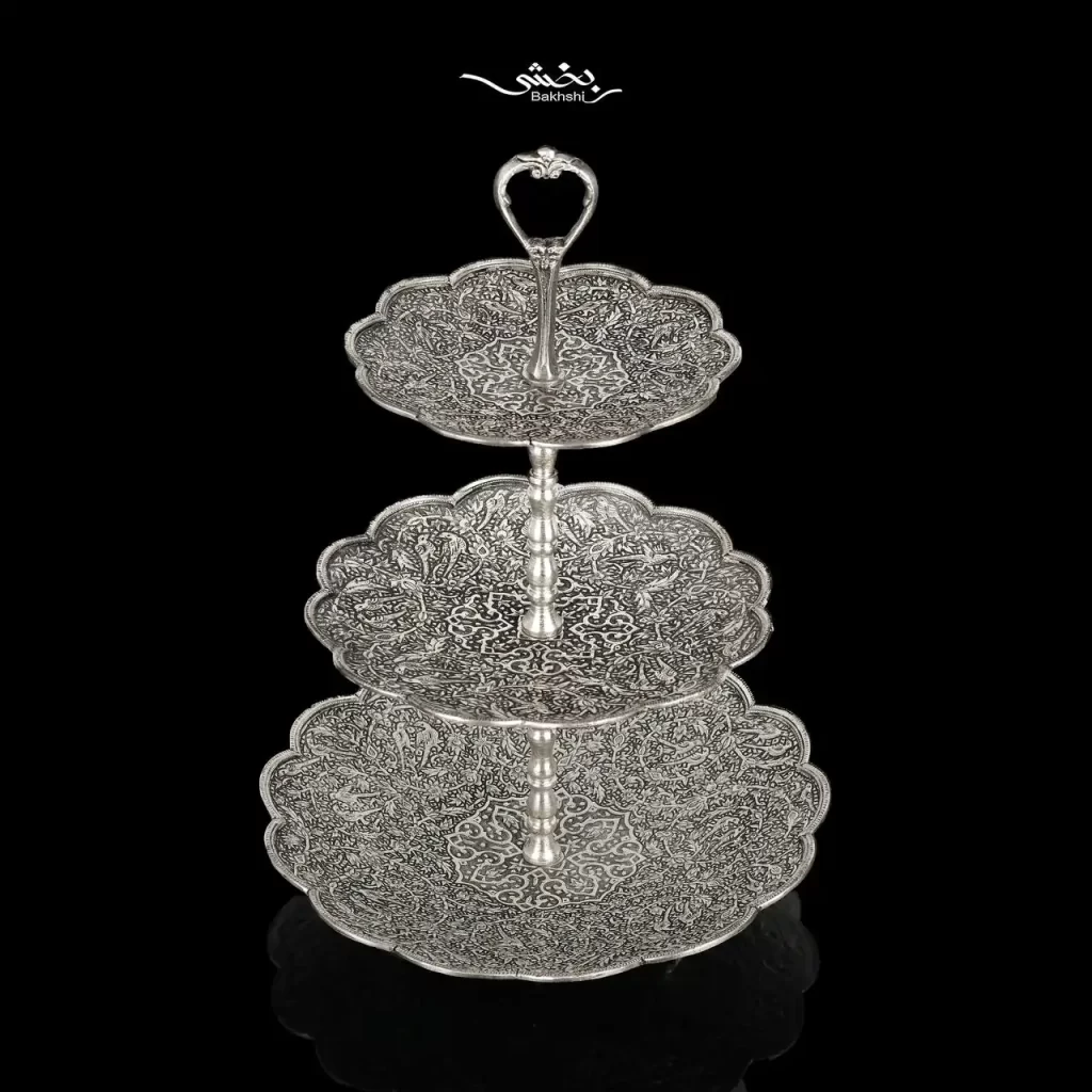 شیرینی خوری نقره سه طبقه گل و مرغ درجه یک