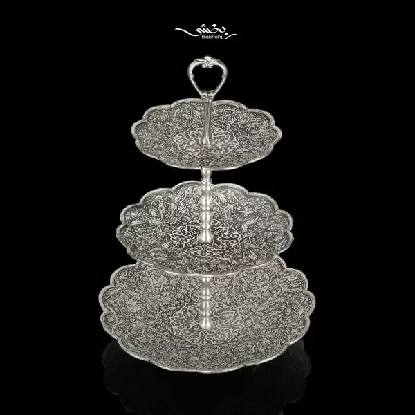 شیرینی خوری نقره سه طبقه گل و مرغ درجه یک