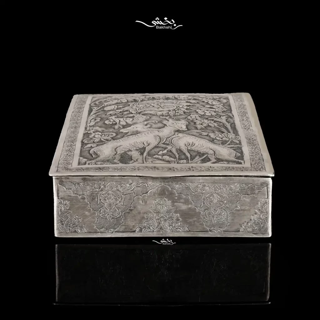 جعبه مستطیل نقره قلم شکارگاه