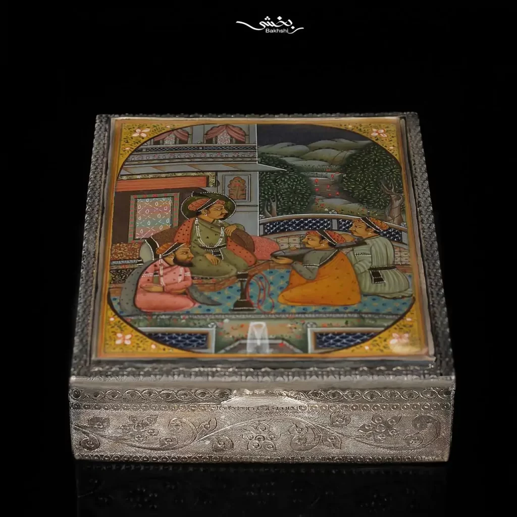 جعبه نقره مستطیل قلم میناکاری