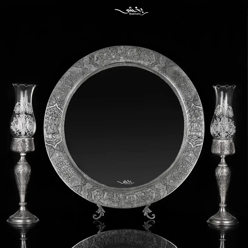 آینه گرد نقره مینیاتور ریزقلم