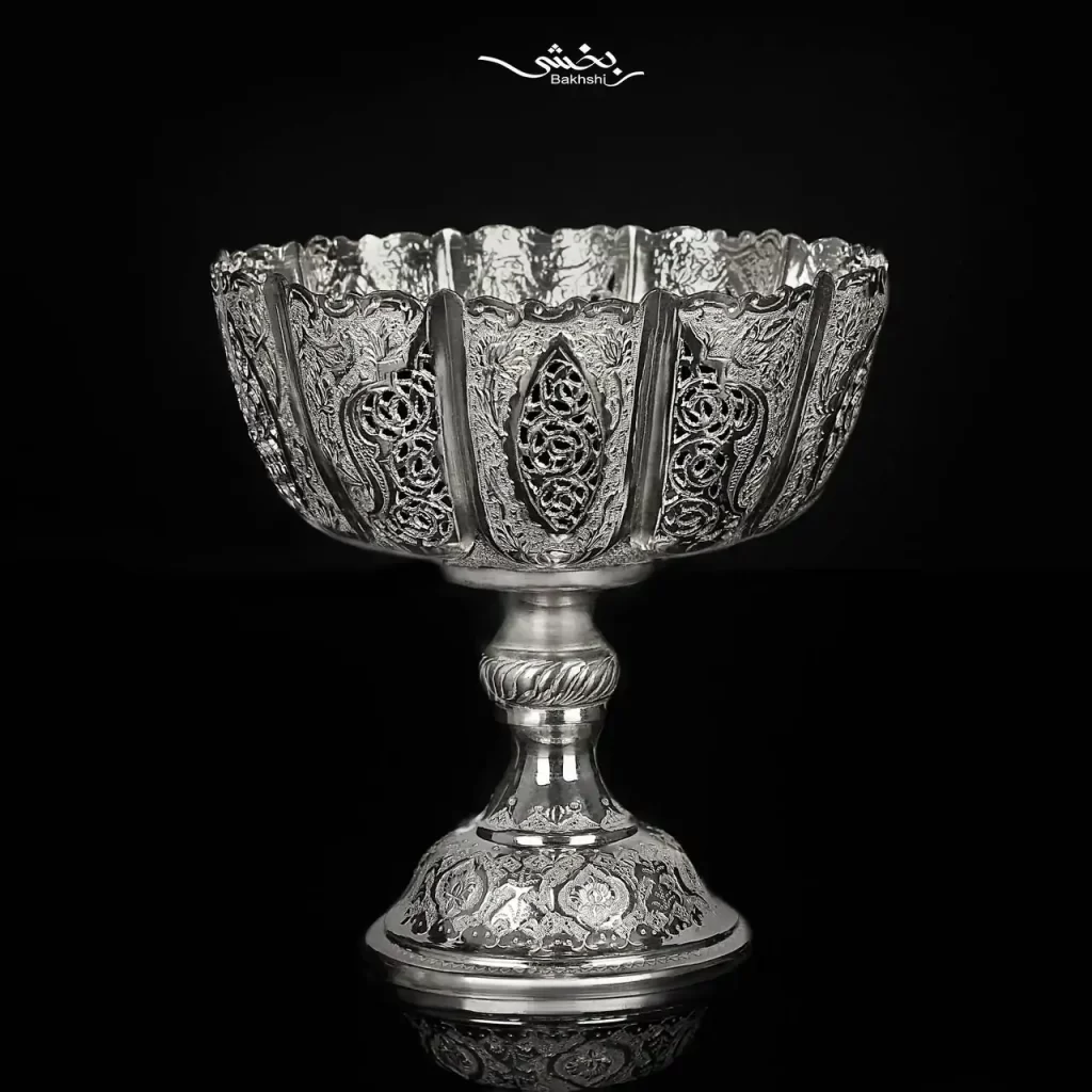 کاسه پایه دار نقره قلم گل و مرغ