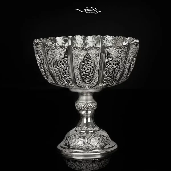 کاسه پایه دار نقره قلم گل و مرغ