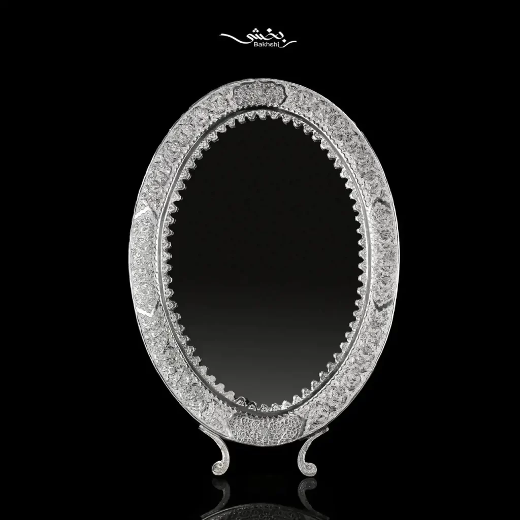 آینه نقره بیضی قلم گل و مرغ