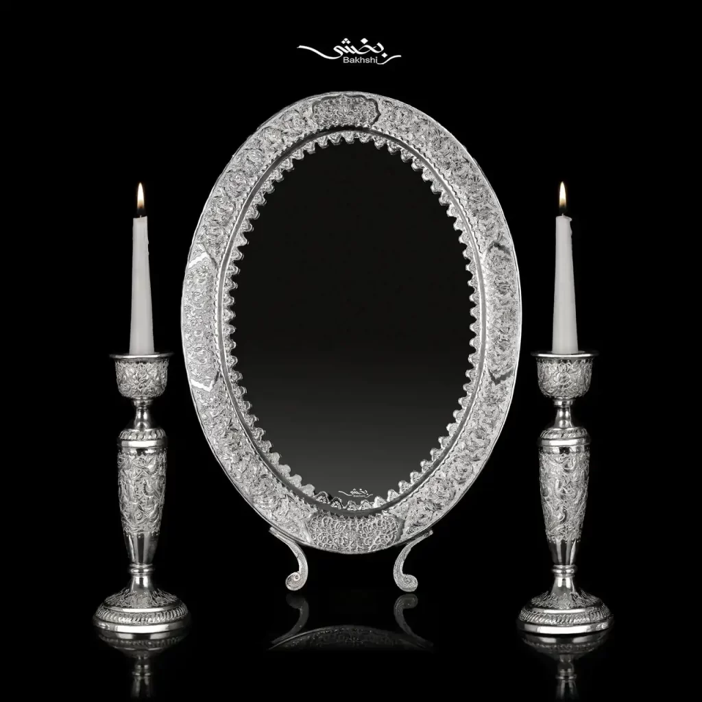 آینه نقره بیضی قلم گل و مرغ