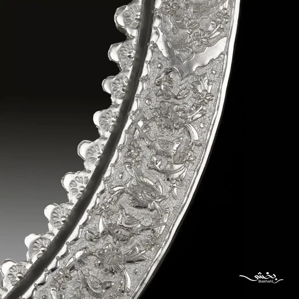 آینه نقره بیضی قلم گل و مرغ