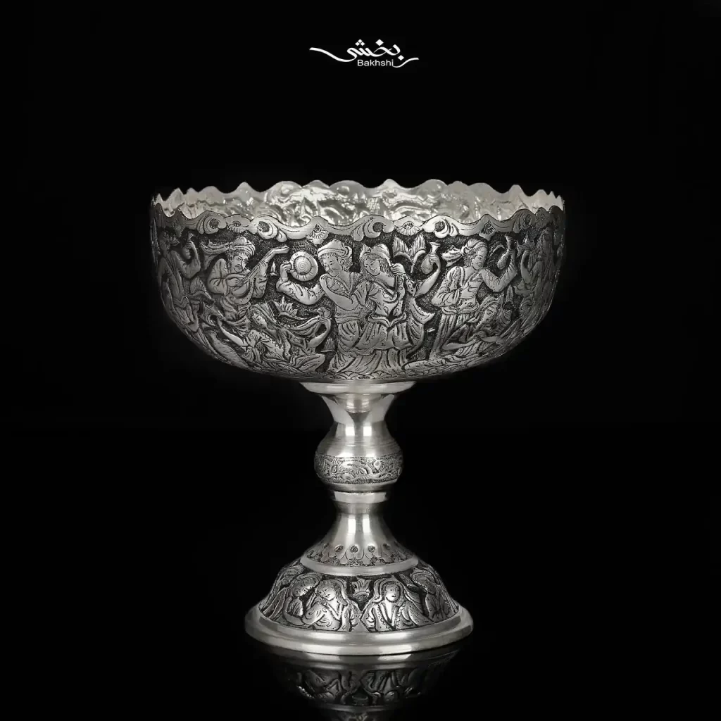 کاسه نقره گرد پایه دار قلم مینیاتور