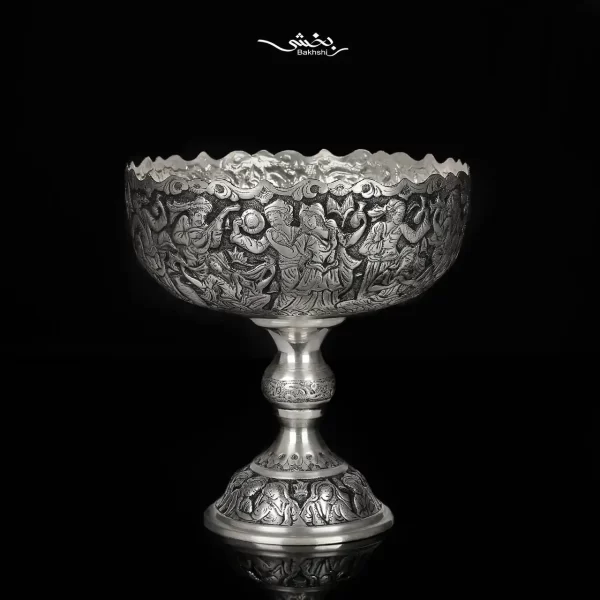 کاسه نقره گرد پایه دار قلم مینیاتور