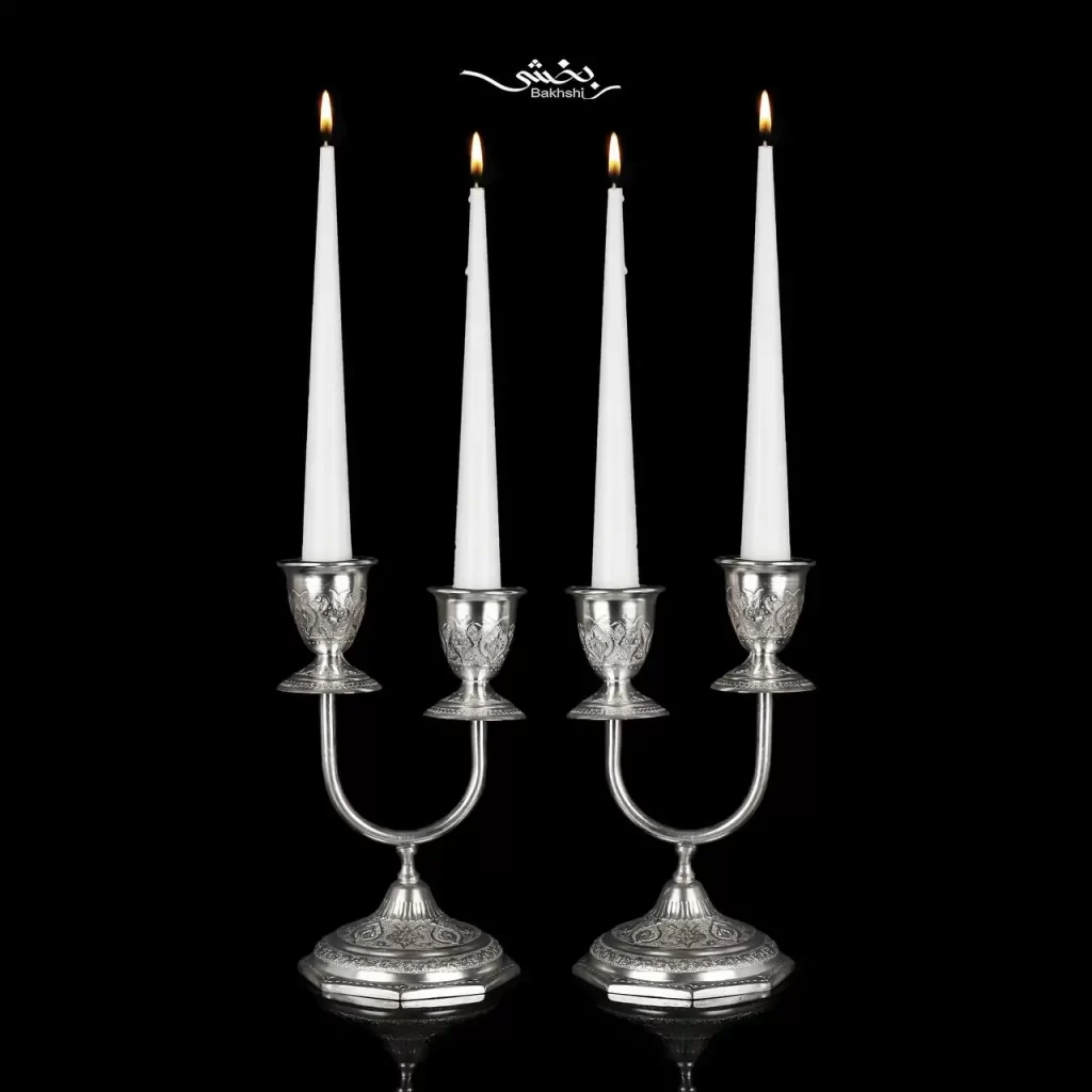 شمعدان نقره دو شاخه قلم ترنج