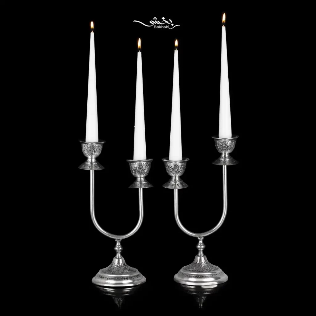 شمعدان نقره دو شاخه قلم گل و مرغ