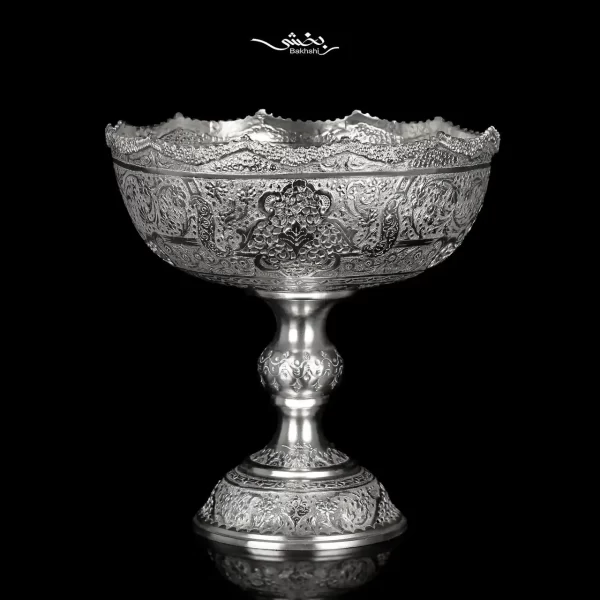 کاسه نقره گرد پایه دار قلم گل و مرغ