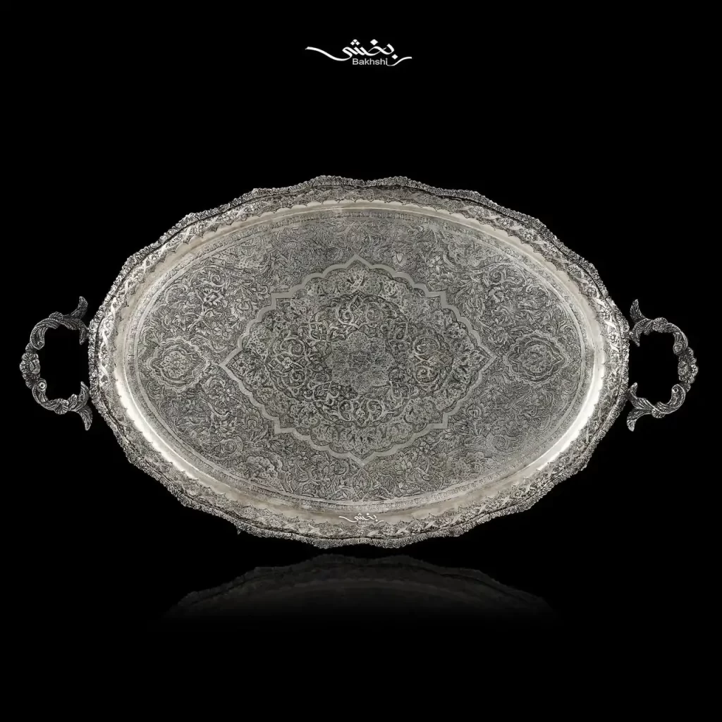 سینی نقره بیضی دسته دار قلم گل و مرغ