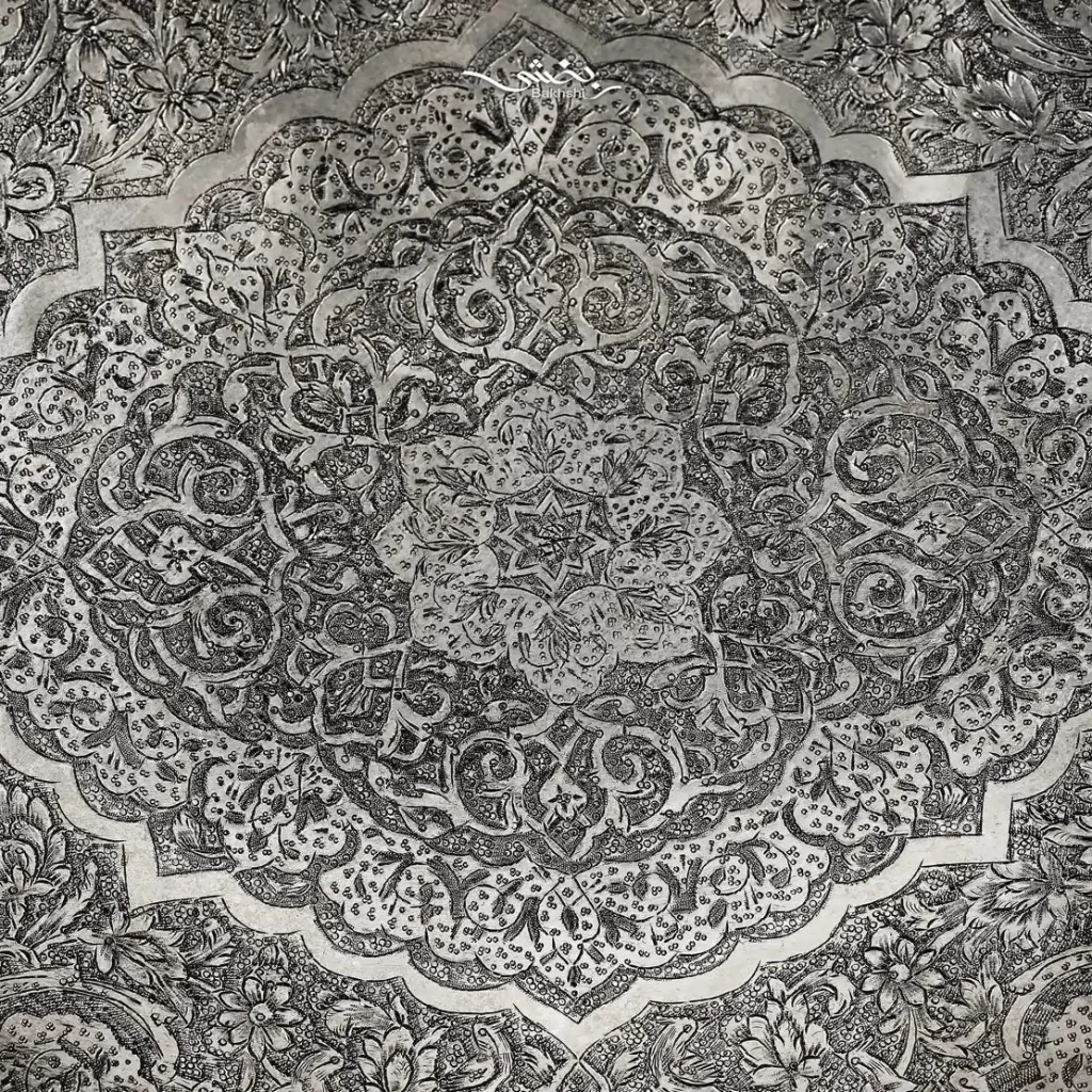 سینی نقره بیضی دسته دار قلم گل و مرغ