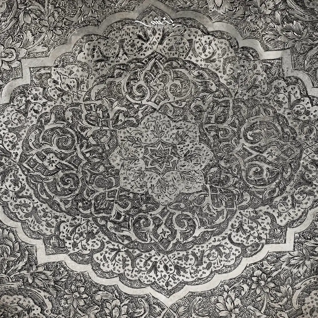 سینی نقره بیضی دسته دار قلم گل و مرغ